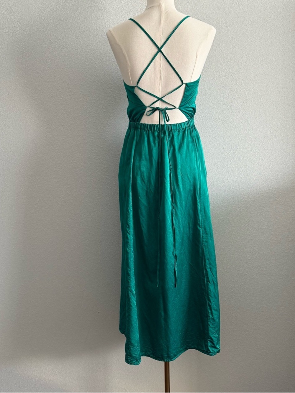 Brazeau Tricot Green Satin Midi Dress Open Back Strappy Silk Slip Style - Picture 3 of 7